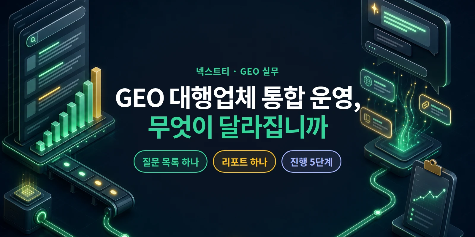 GEO 대행업체에 AEO·SEO까지 맡기면 무엇이 달라집니까? — 넥스트티 통합 대행 범위와 진행 순서